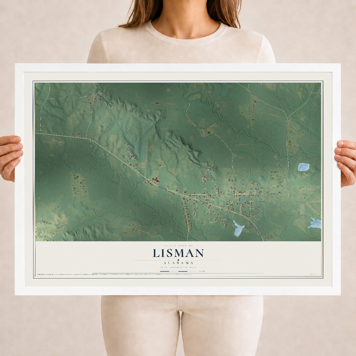 Map of Lisman, Alabama, 18 x 24 inch print in a white wood frame