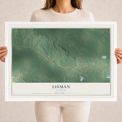 Map of Lisman, Alabama, 18 x 24 inch print in a white wood frame