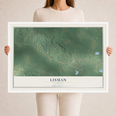 Map of Lisman, Alabama, 24 x 36 inch print in a white wood frame