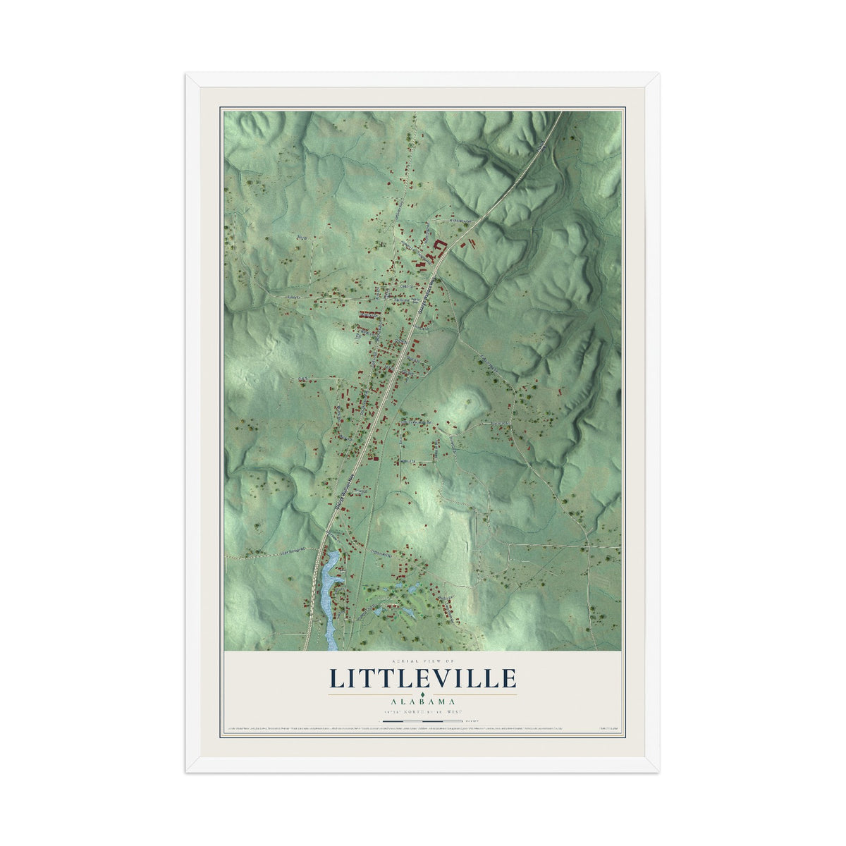 Map of Littleville, Alabama, 12 x 18 inch print in a white wood frame