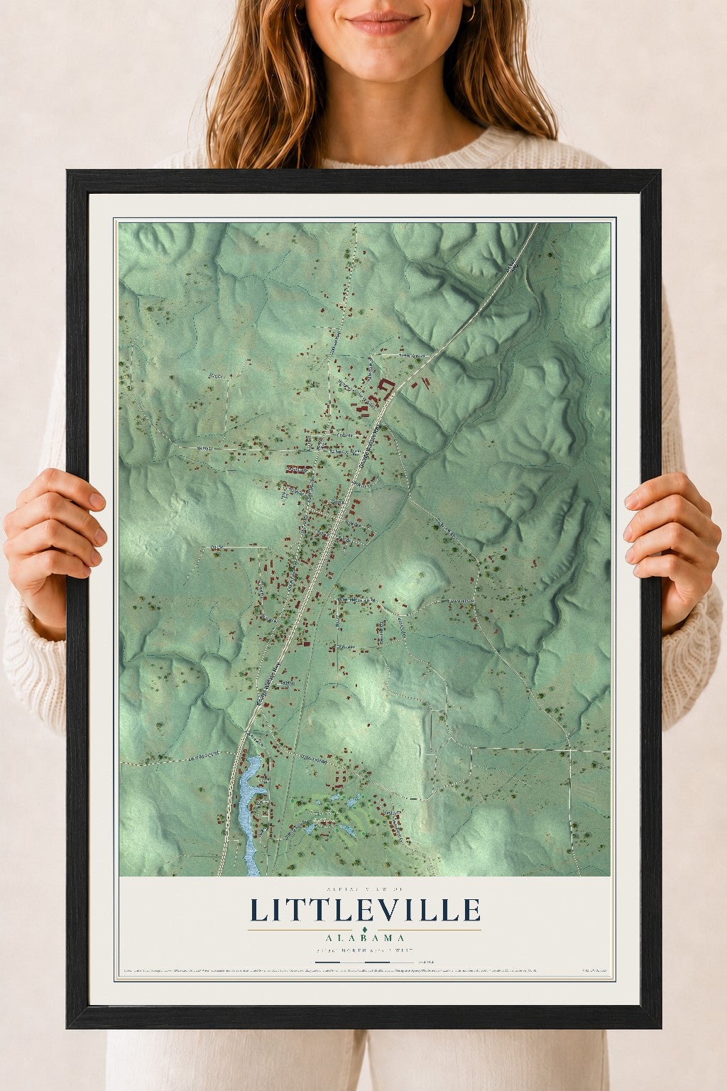 Map of Littleville, Alabama, 18 x 24 inch print in a black wood frame