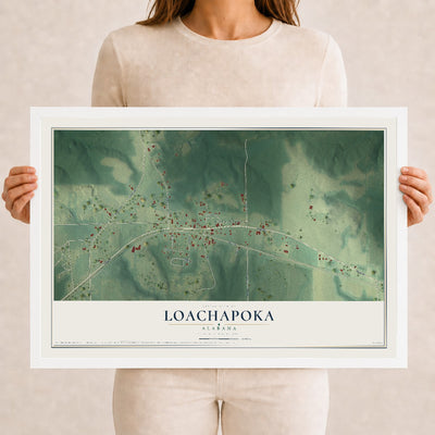 Map of Loachapoka, Alabama, 12 x 18 inch print in a white wood frame
