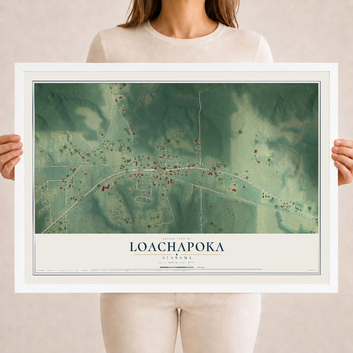 Map of Loachapoka, Alabama, 18 x 24 inch print in a white wood frame