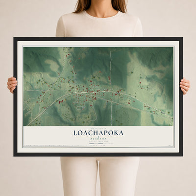 Map of Loachapoka, Alabama, 24 x 36 inch print in a black wood frame