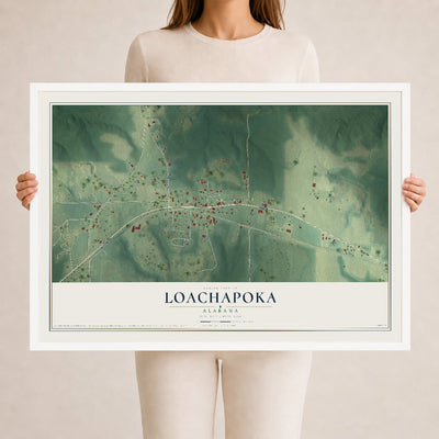 Map of Loachapoka, Alabama, 24 x 36 inch print in a white wood frame