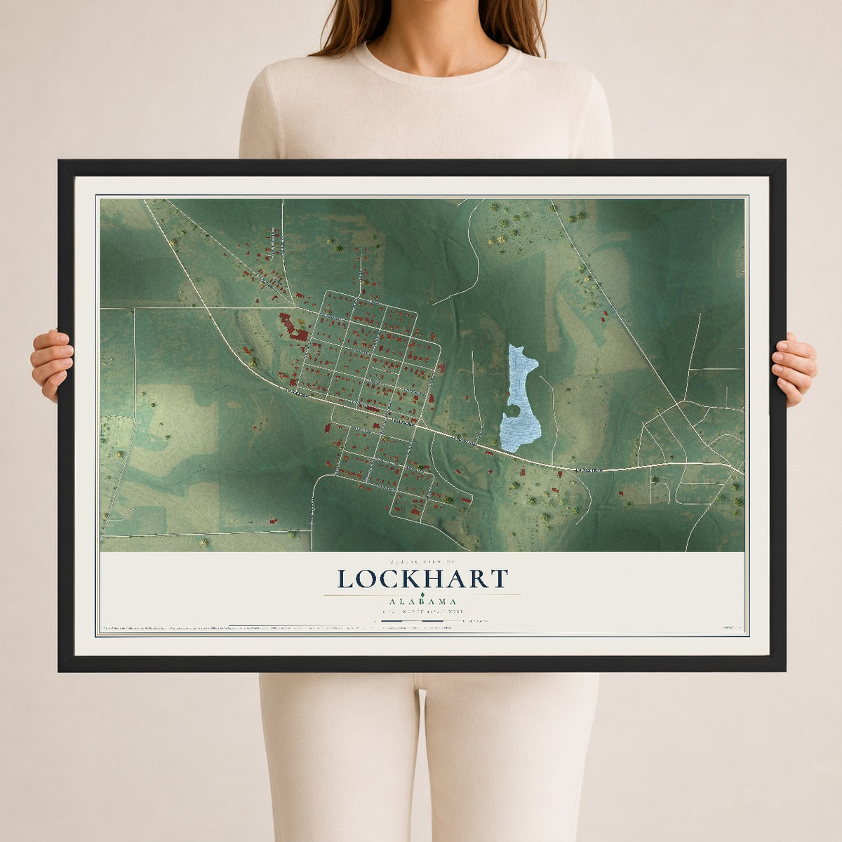 Map of Lockhart, Alabama, 24 x 36 inch print in a black wood frame