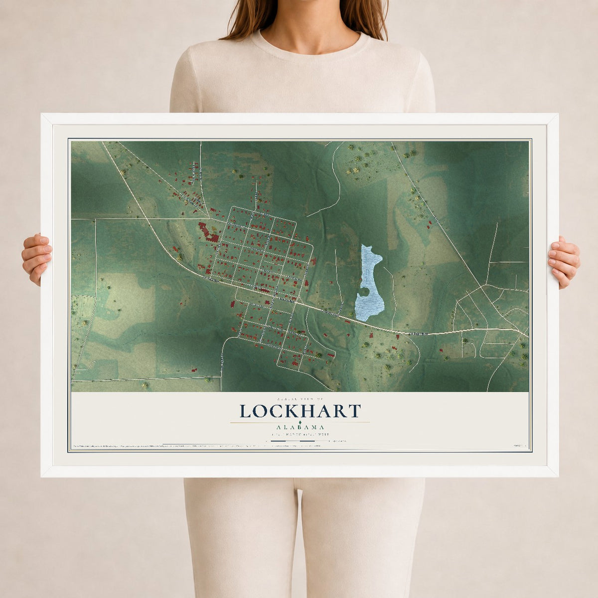 Map of Lockhart, Alabama, 24 x 36 inch print in a white wood frame