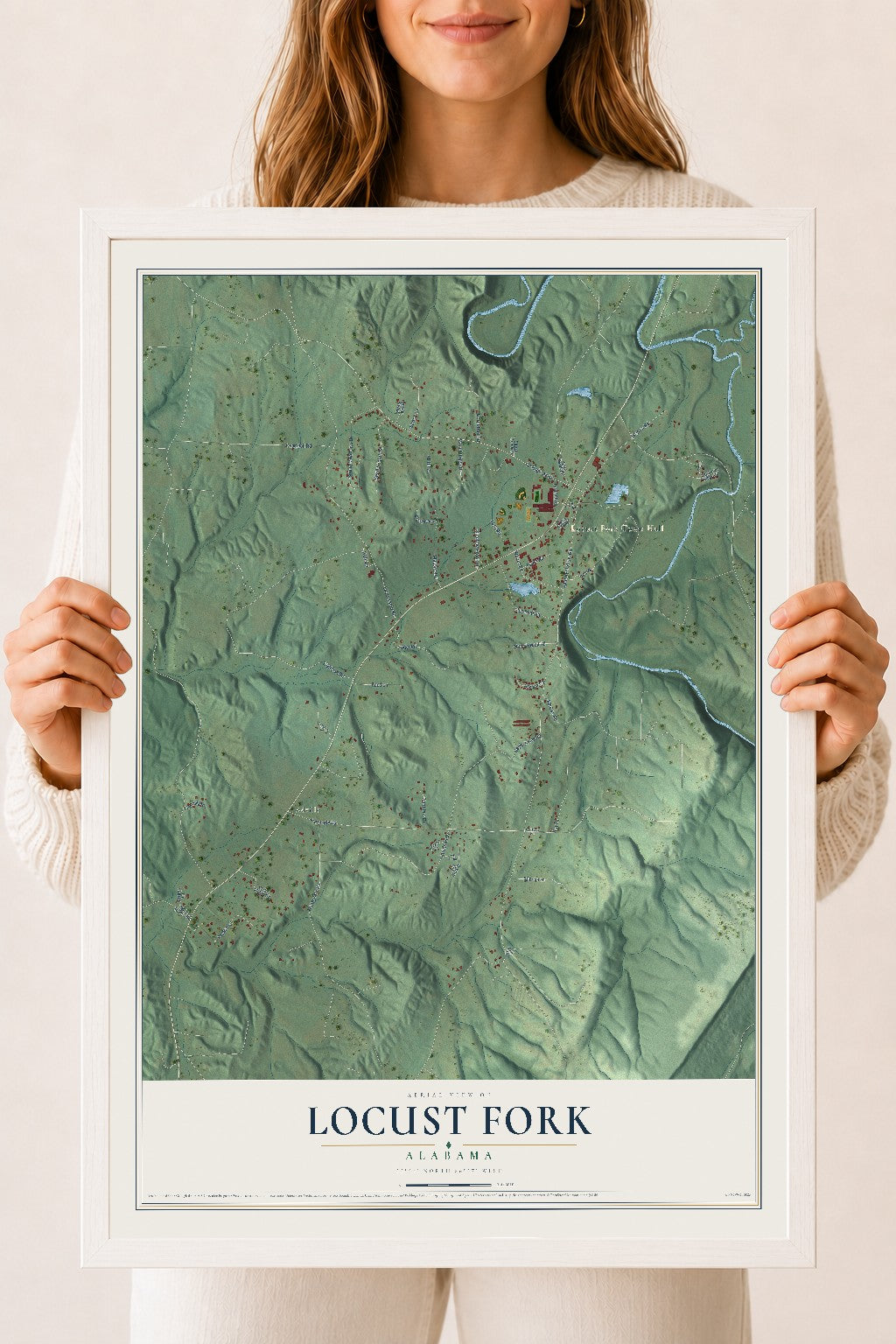 Map of Locust Fork, Alabama, 18 x 24 inch print in a white wood frame