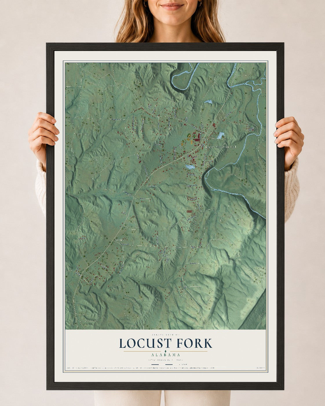 Map of Locust Fork, Alabama, 24 x 36 inch print in a black wood frame