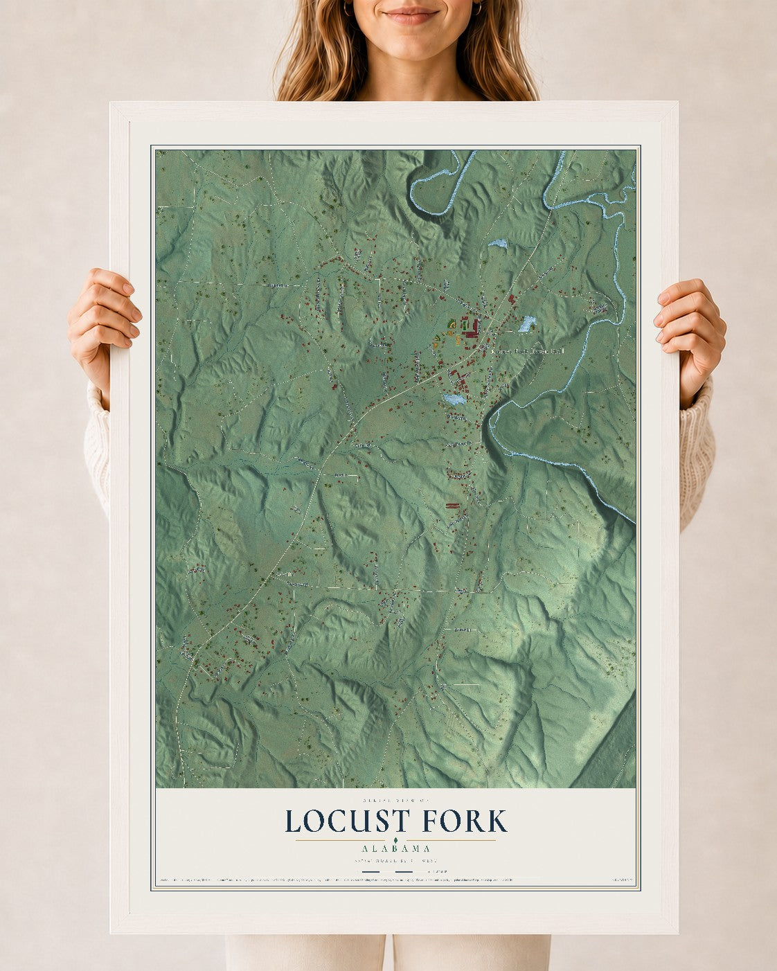 Map of Locust Fork, Alabama, 24 x 36 inch print in a white wood frame
