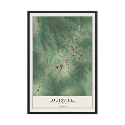 Map of Louisville, Alabama, 12 x 18 inch print in a black wood frame