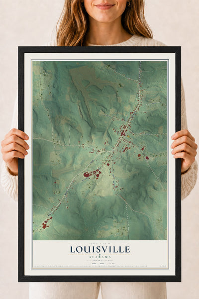 Map of Louisville, Alabama, 18 x 24 inch print in a black wood frame