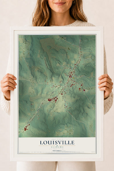 Map of Louisville, Alabama, 18 x 24 inch print in a white wood frame