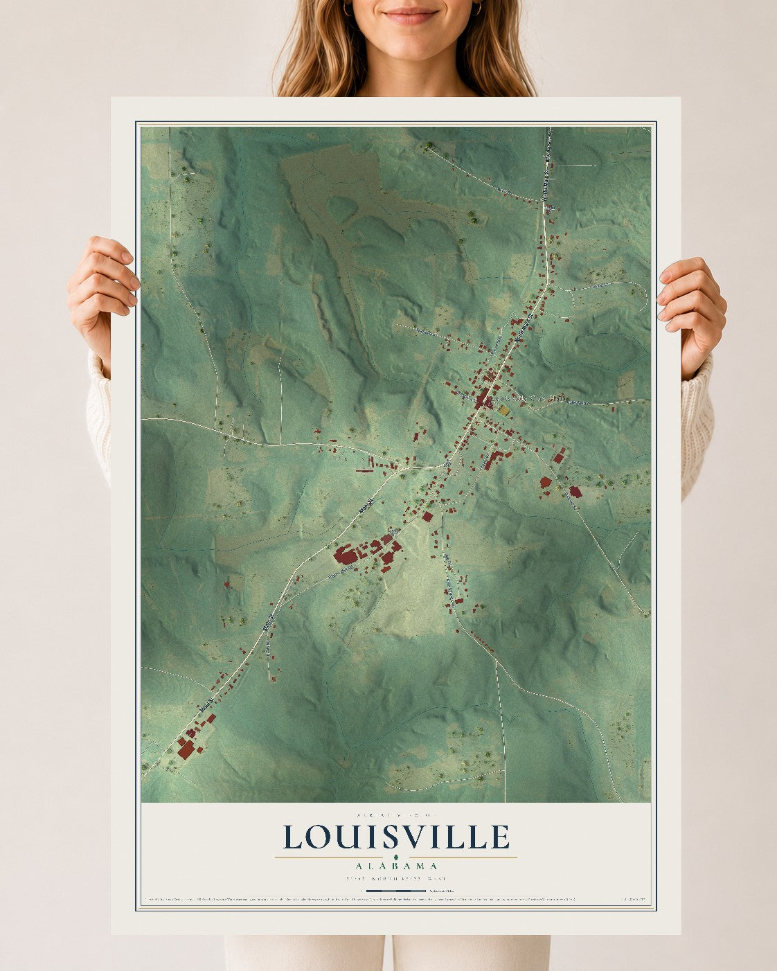 Map of Louisville, Alabama, 24 x 36 inch unframed archival matte print
