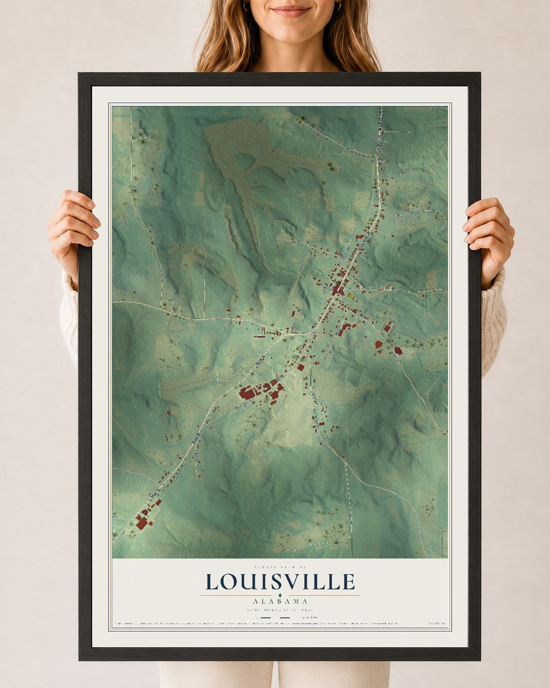 Map of Louisville, Alabama, 24 x 36 inch print in a black wood frame