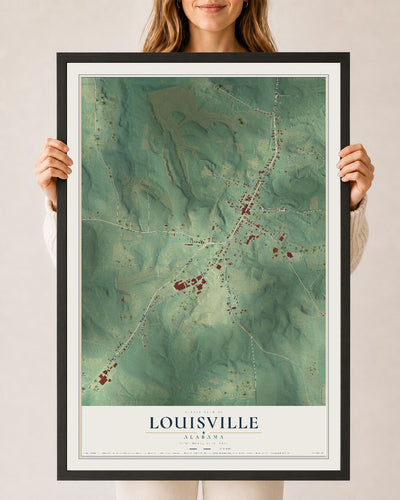 Map of Louisville, Alabama, 24 x 36 inch print in a black wood frame