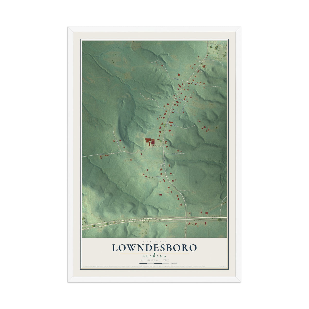 Map of Lowndesboro, Alabama, 12 x 18 inch print in a white wood frame