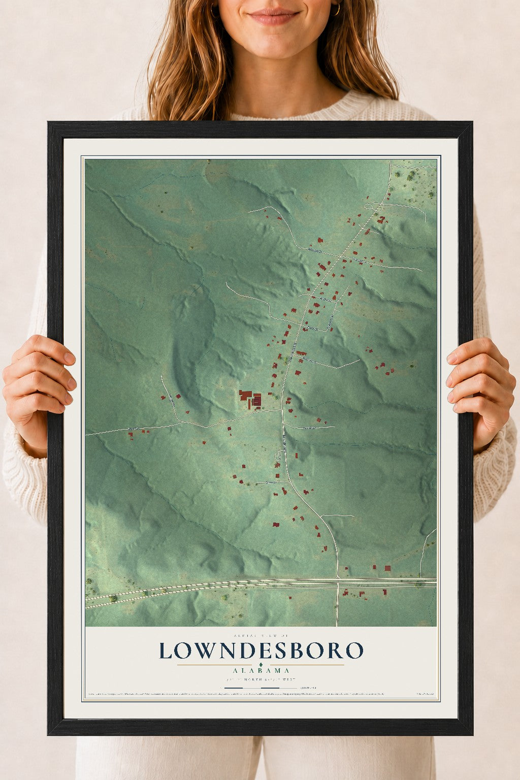 Map of Lowndesboro, Alabama, 18 x 24 inch print in a black wood frame