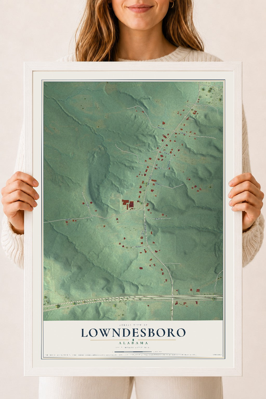 Map of Lowndesboro, Alabama, 18 x 24 inch print in a white wood frame