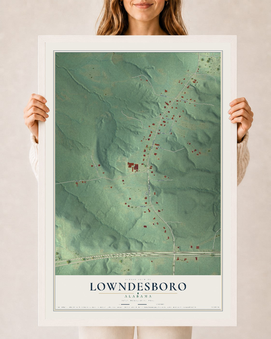 Map of Lowndesboro, Alabama, 24 x 36 inch print in a white wood frame