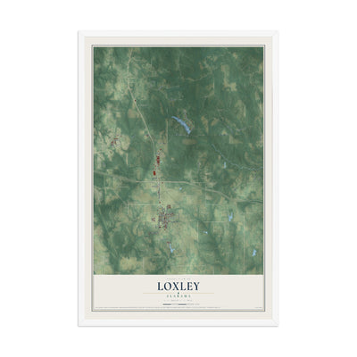 Map of Loxley, Alabama, 12 x 18 inch print in a white wood frame