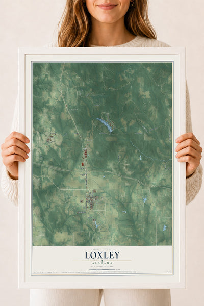 Map of Loxley, Alabama, 18 x 24 inch print in a white wood frame