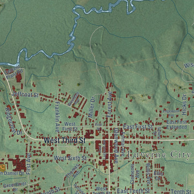 Close-up of the map of Luverne, Alabama print showing street and building detail