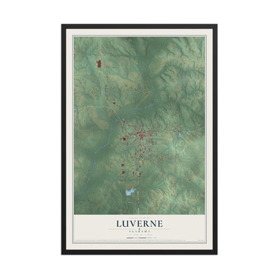 Map of Luverne, Alabama, 12 x 18 inch print in a black wood frame