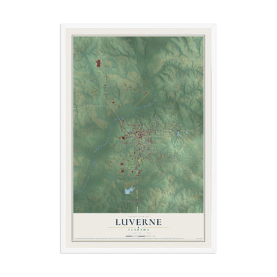 Map of Luverne, Alabama, 12 x 18 inch print in a white wood frame