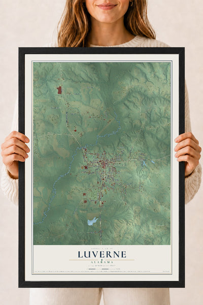 Map of Luverne, Alabama, 18 x 24 inch print in a black wood frame