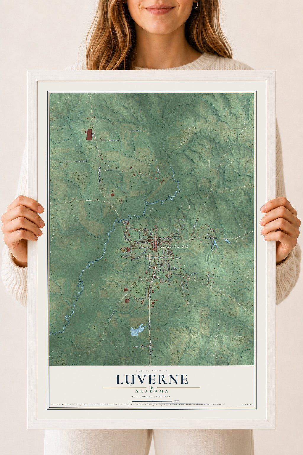 Map of Luverne, Alabama, 18 x 24 inch print in a white wood frame