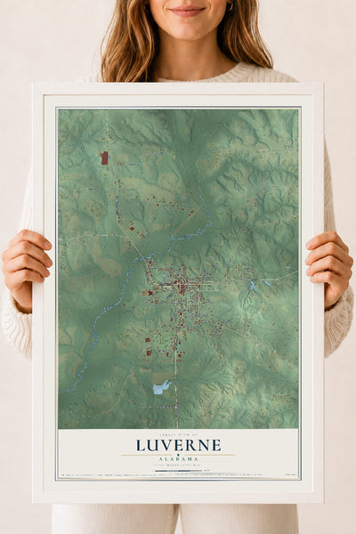 Map of Luverne, Alabama, 18 x 24 inch print in a white wood frame