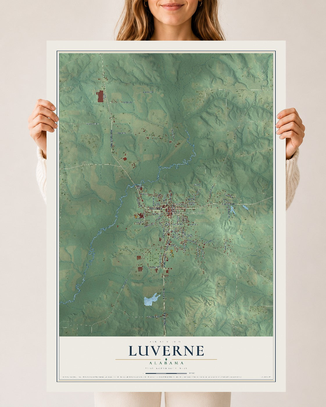 Map of Luverne, Alabama, 24 x 36 inch unframed archival matte print