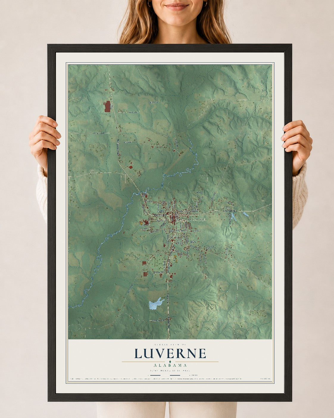 Map of Luverne, Alabama, 24 x 36 inch print in a black wood frame