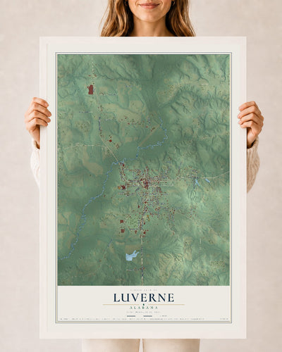 Map of Luverne, Alabama, 24 x 36 inch print in a white wood frame