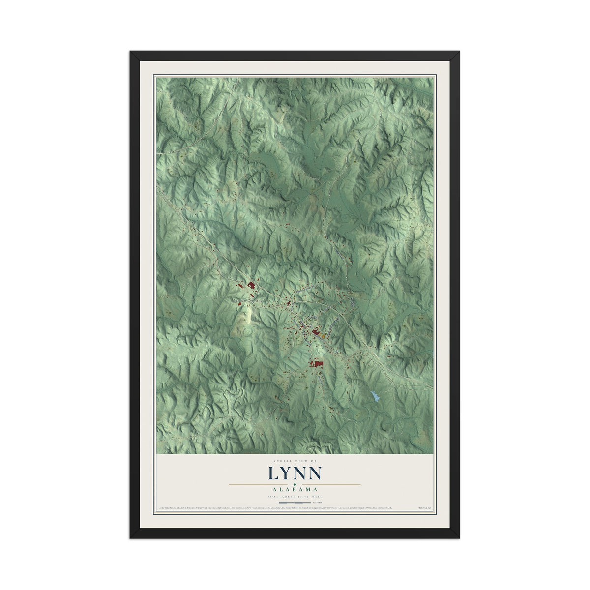 Map of Lynn, Alabama, 12 x 18 inch print in a black wood frame