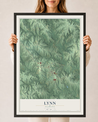 Map of Lynn, Alabama, 24 x 36 inch print in a black wood frame