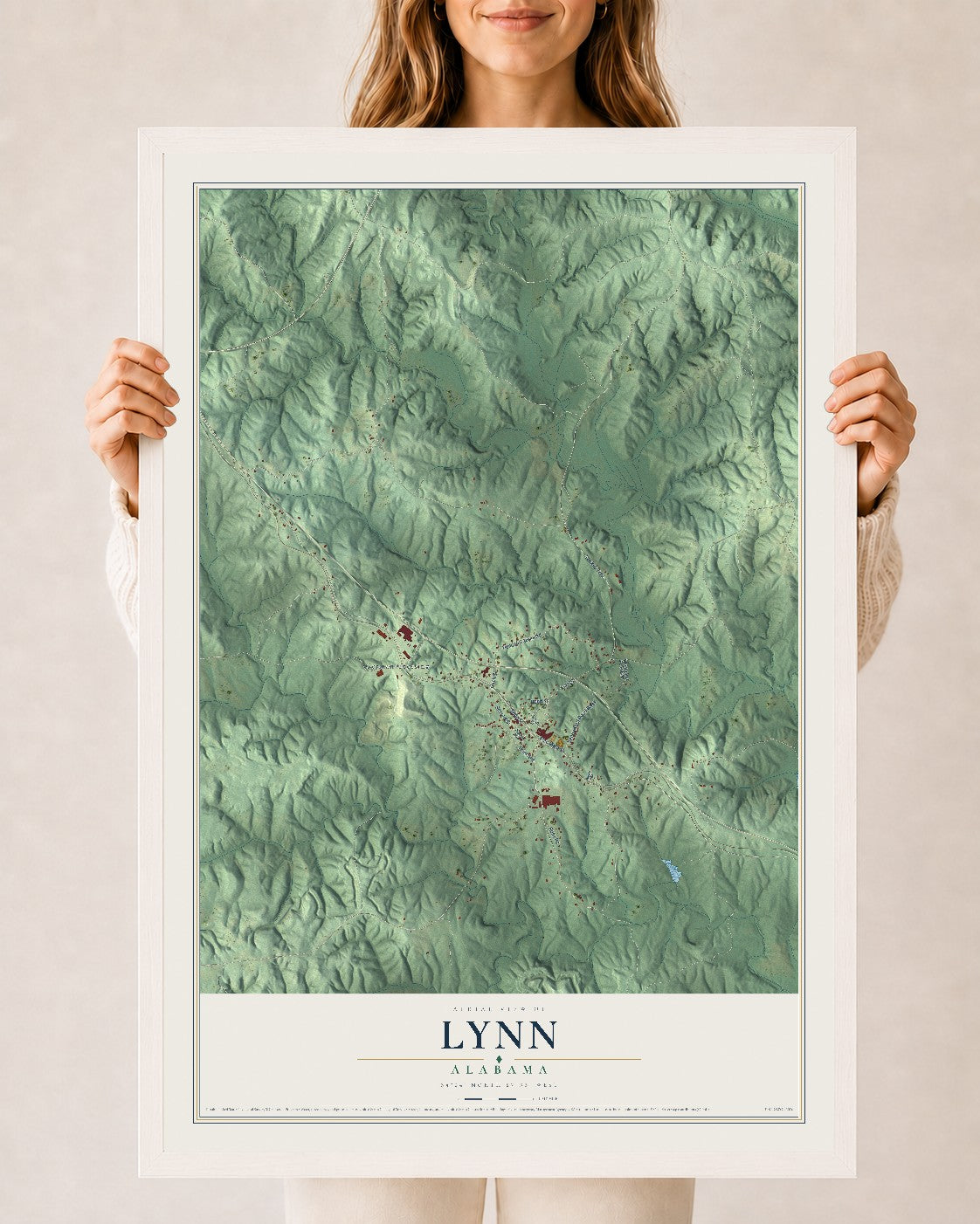 Map of Lynn, Alabama, 24 x 36 inch print in a white wood frame