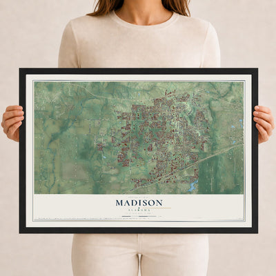 Map of Madison, Alabama, 12 x 18 inch print in a black wood frame