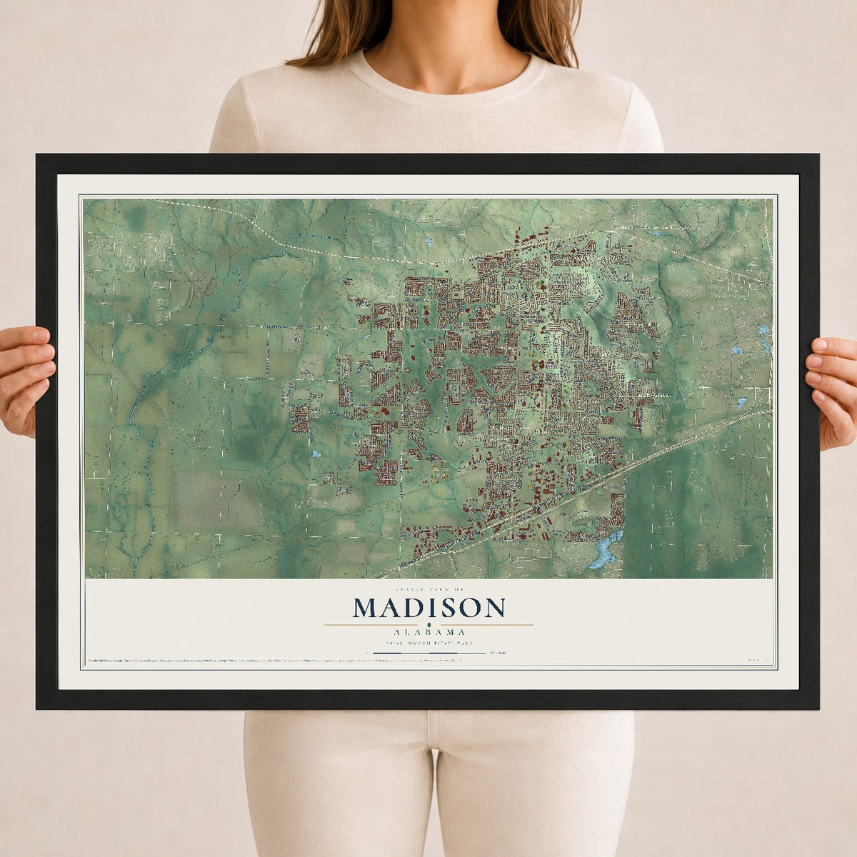 Map of Madison, Alabama, 18 x 24 inch print in a black wood frame