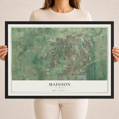Map of Madison, Alabama, 18 x 24 inch print in a black wood frame