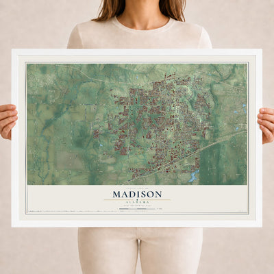 Map of Madison, Alabama, 18 x 24 inch print in a white wood frame