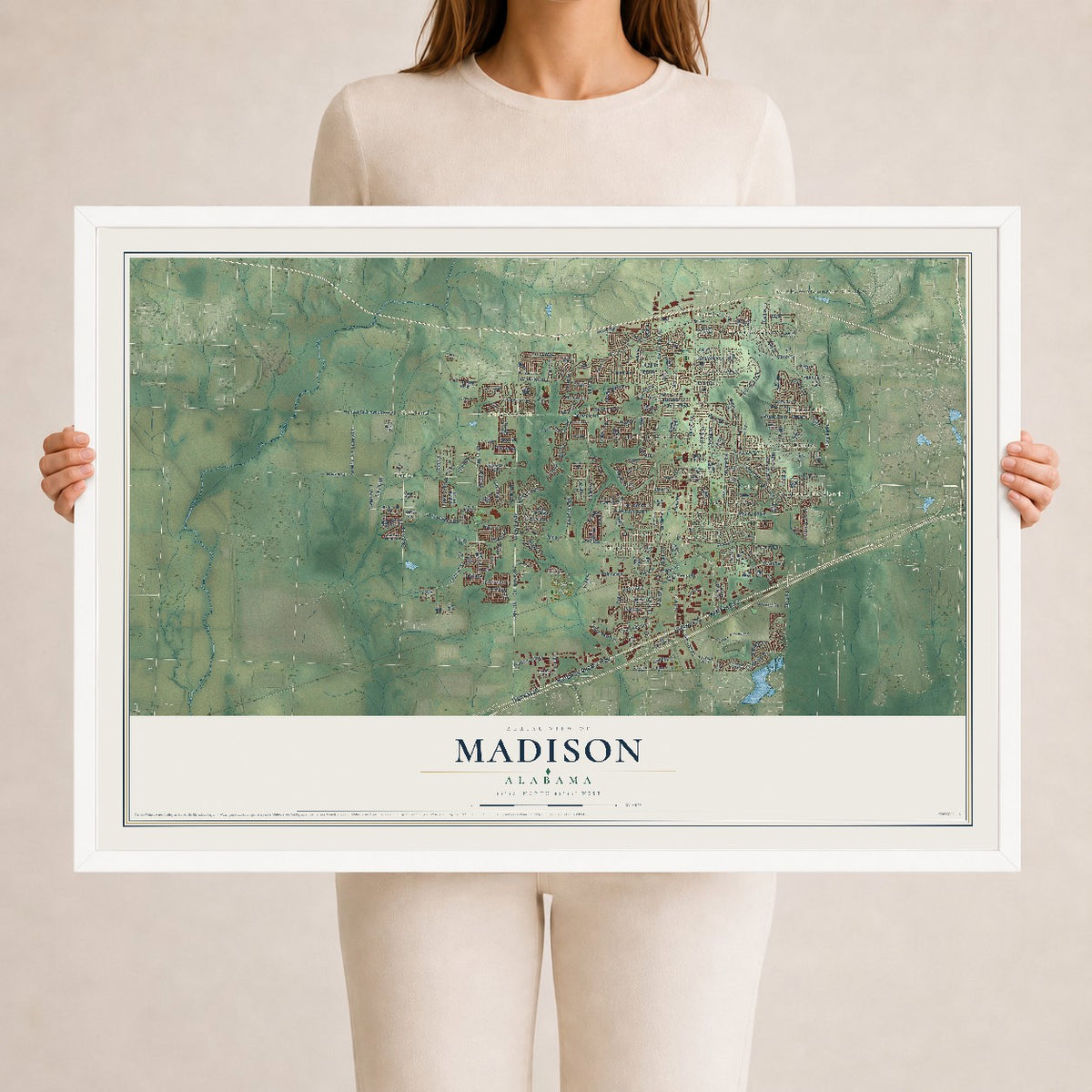 Map of Madison, Alabama, 24 x 36 inch print in a white wood frame