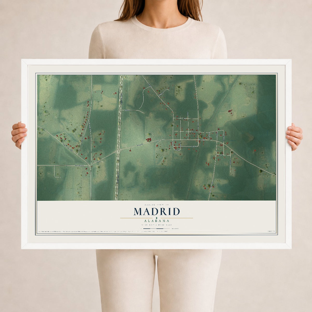 Map of Madrid, Alabama, 24 x 36 inch print in a white wood frame