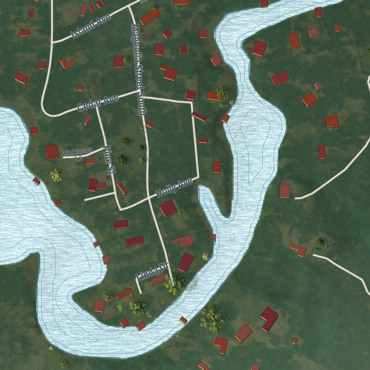 Close-up of the map of Magnolia Springs, Alabama print showing street and building detail