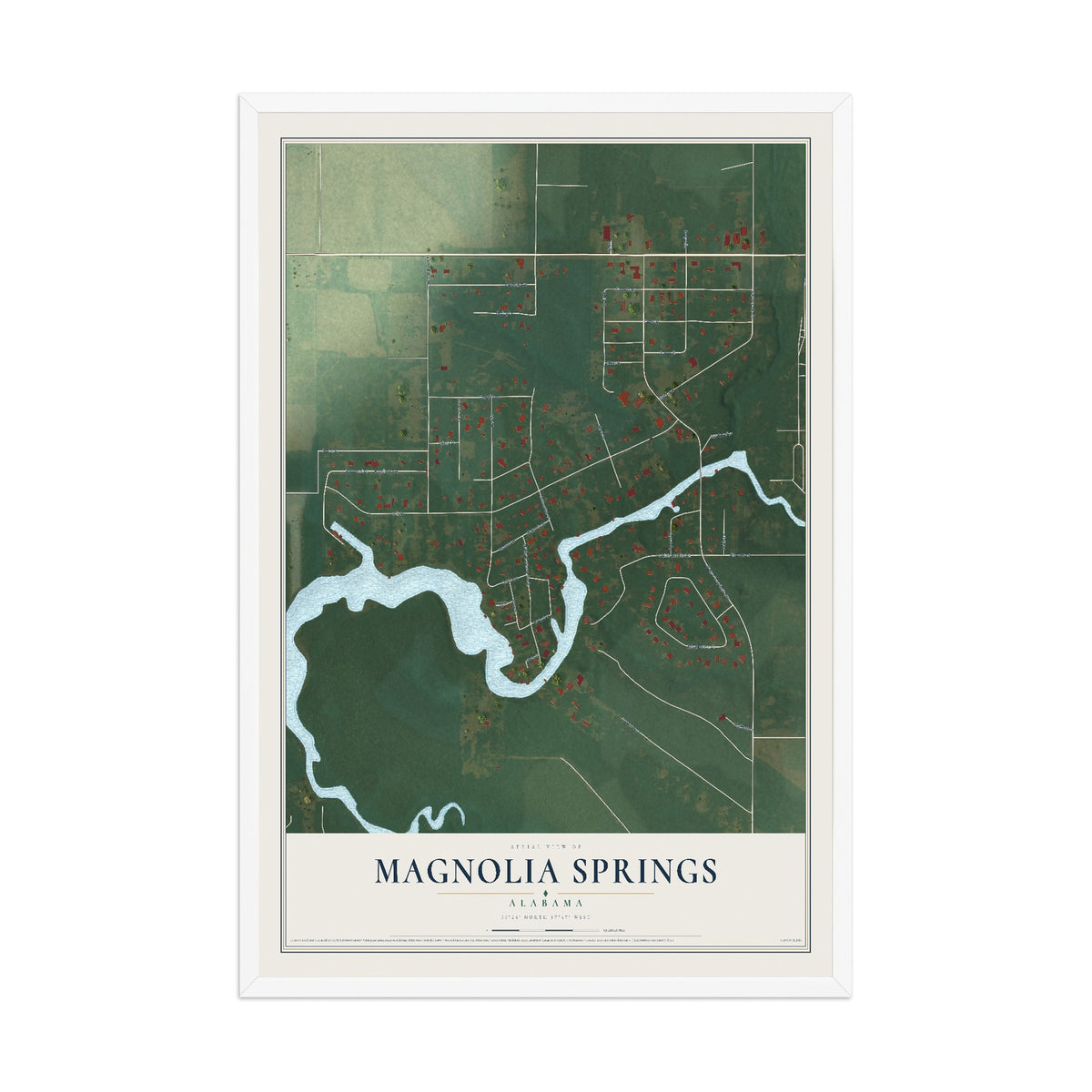 Map of Magnolia Springs, Alabama, 12 x 18 inch print in a white wood frame