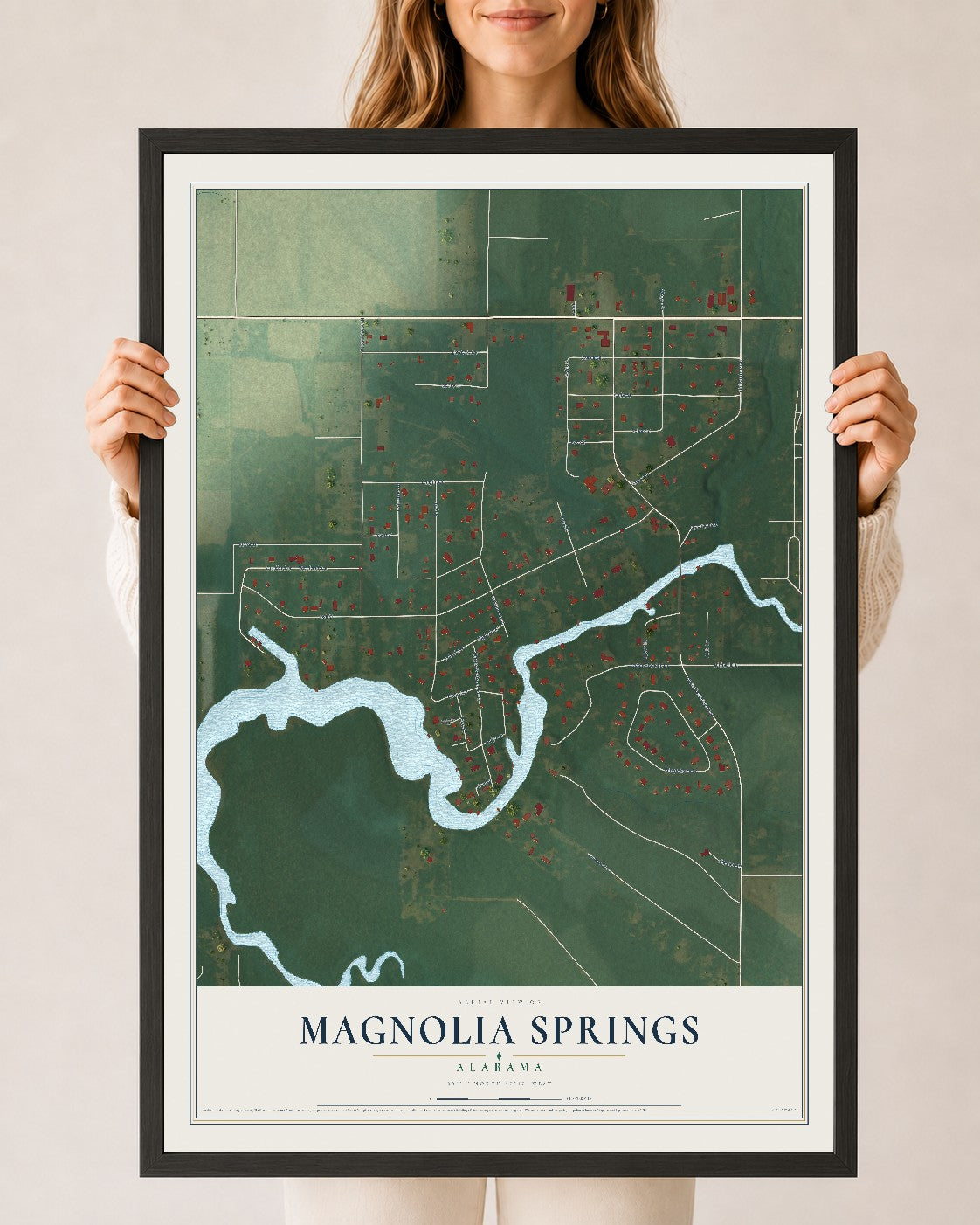 Map of Magnolia Springs, Alabama, 24 x 36 inch print in a black wood frame