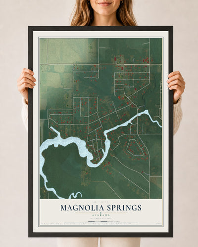 Map of Magnolia Springs, Alabama, 24 x 36 inch print in a black wood frame