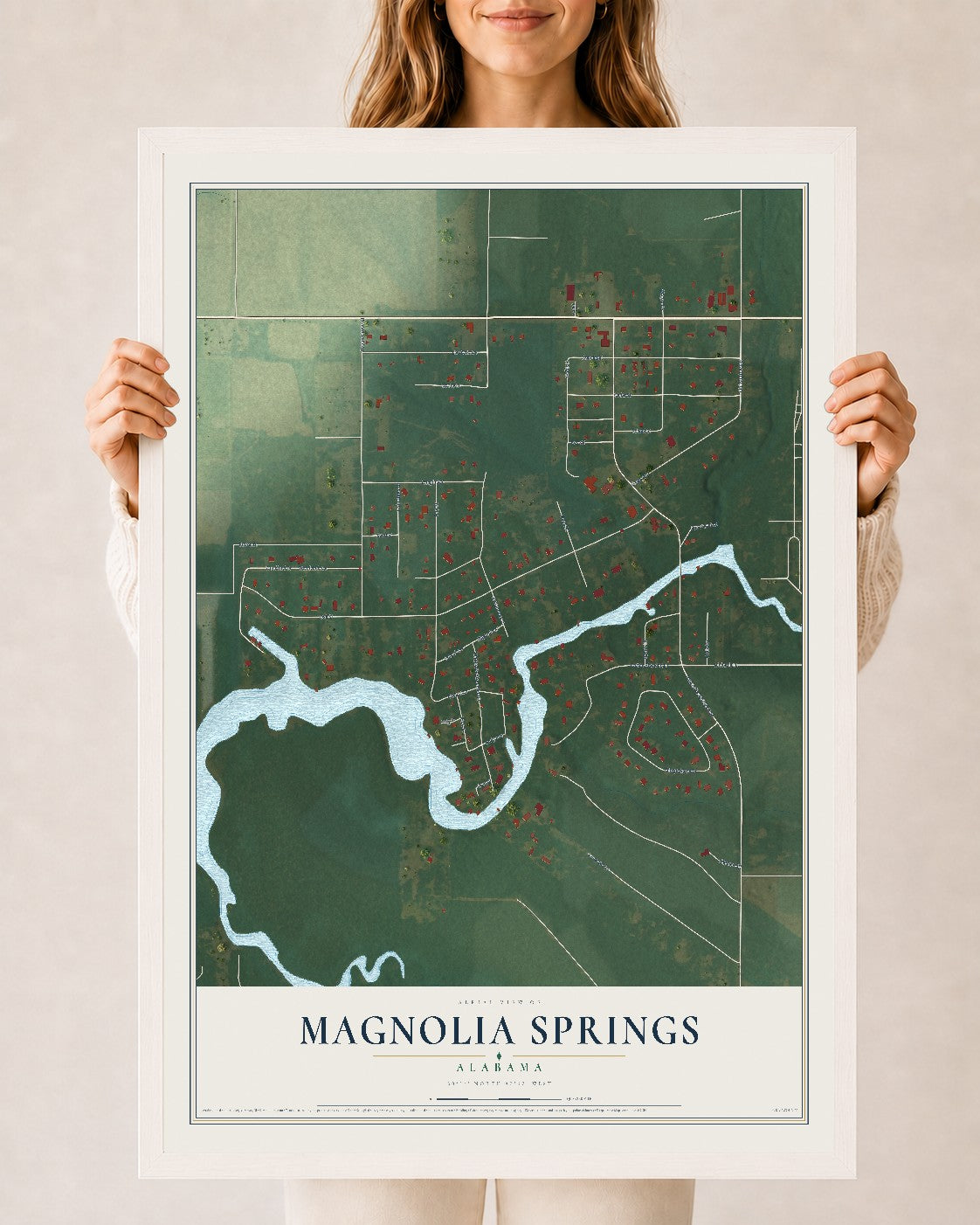 Map of Magnolia Springs, Alabama, 24 x 36 inch print in a white wood frame