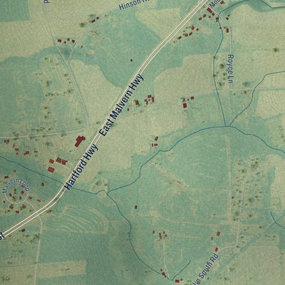 Close-up of the map of Malvern, Alabama print showing street and building detail